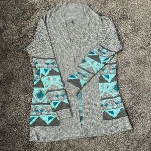 Gray cardigan with teal accents